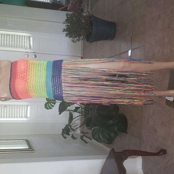 fashion house Tops - Neon rainbow crochet tube top long tassels top/ tunic swim cover up pride